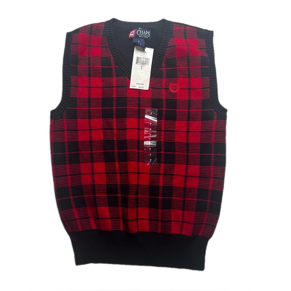 Chaps Boys Plaid Sweater Vest Red Black Size 7 NWT Cotton